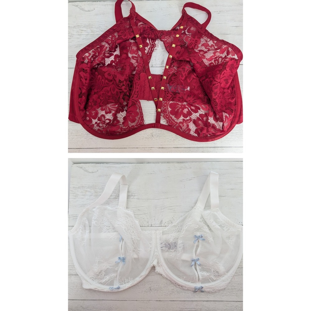 Adore Me Bra Bundle Red Studded Halter Lace & White Blue Bow Mesh Underwire 40I